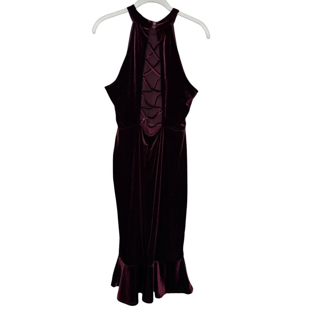 Superfoxx Dress Medium Burgundy Velvet Halter Ruffle Midi Party Evening Lace Up - Picture 9 of 11